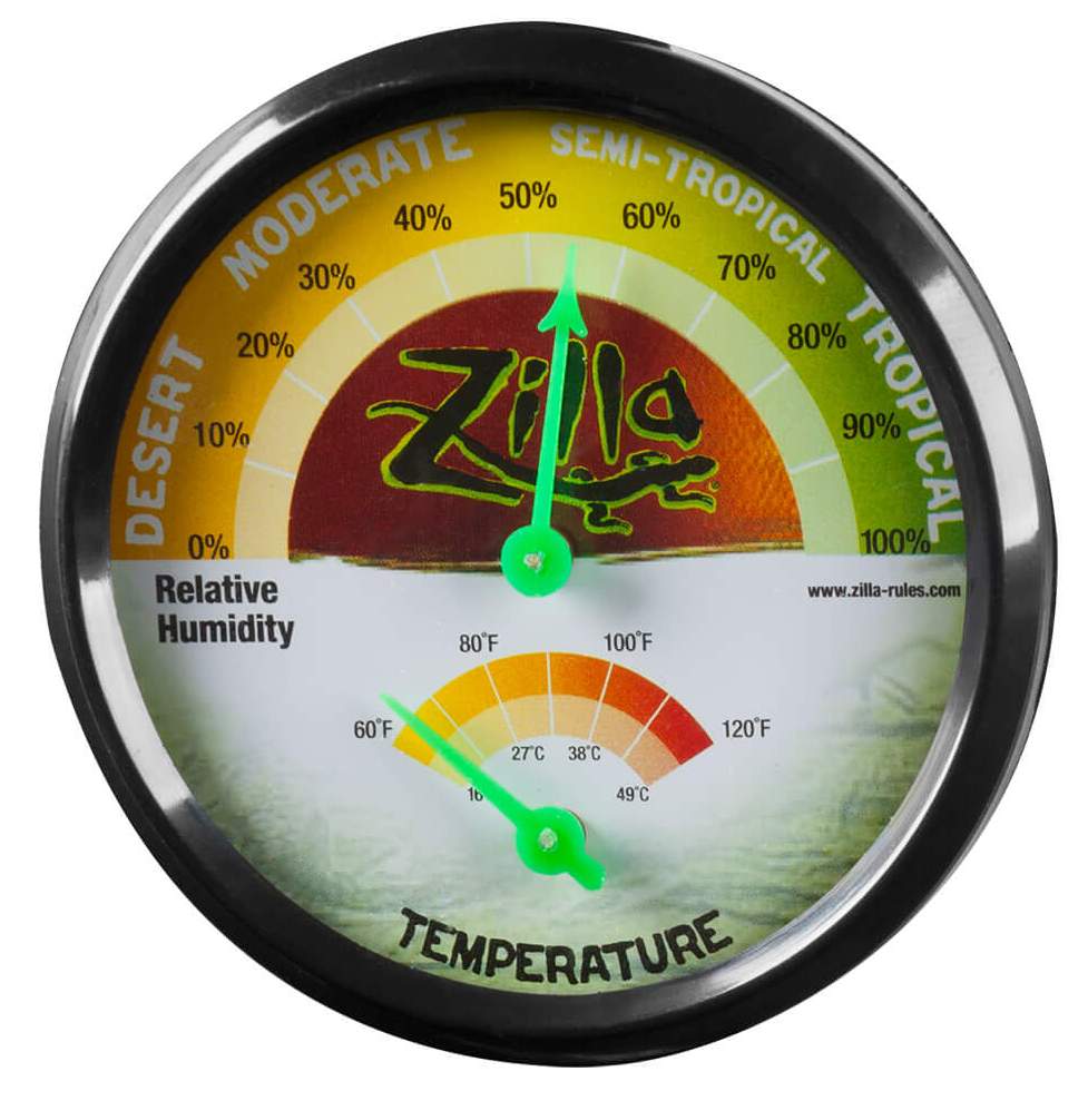 Zilla temperature and humidity gauge showing desert and tropical temperature and humidity ranges