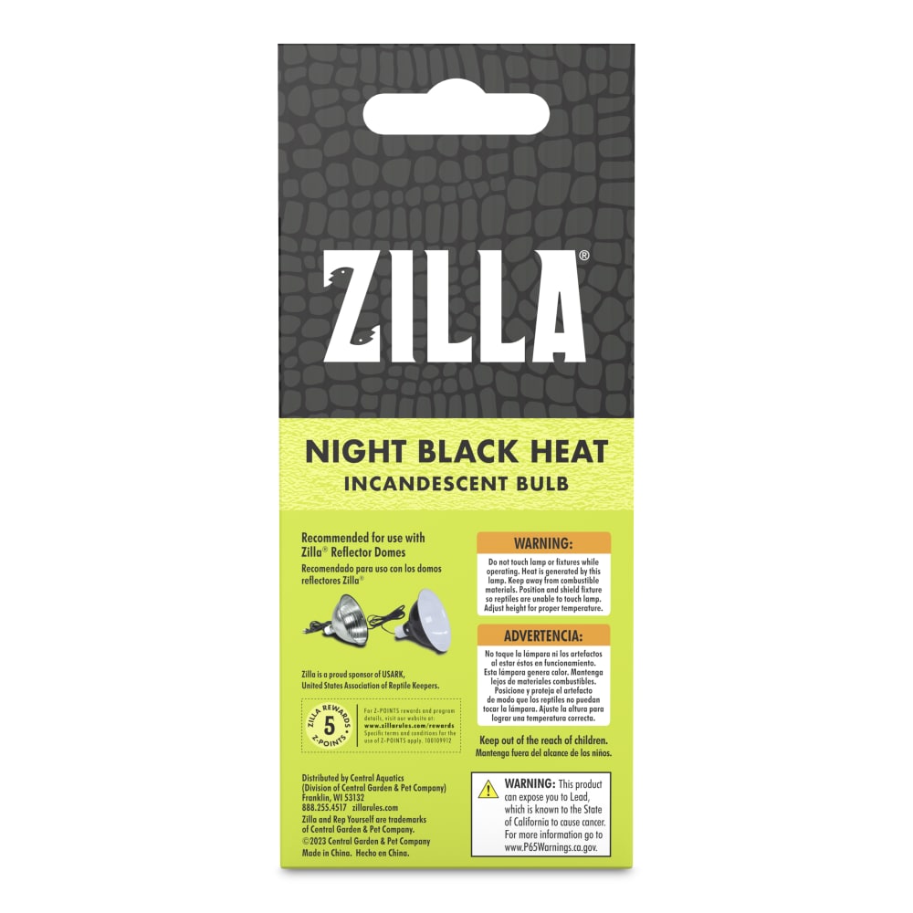 Back of packaging for Zilla incandescent light bulb with recommended zilla reflector domes