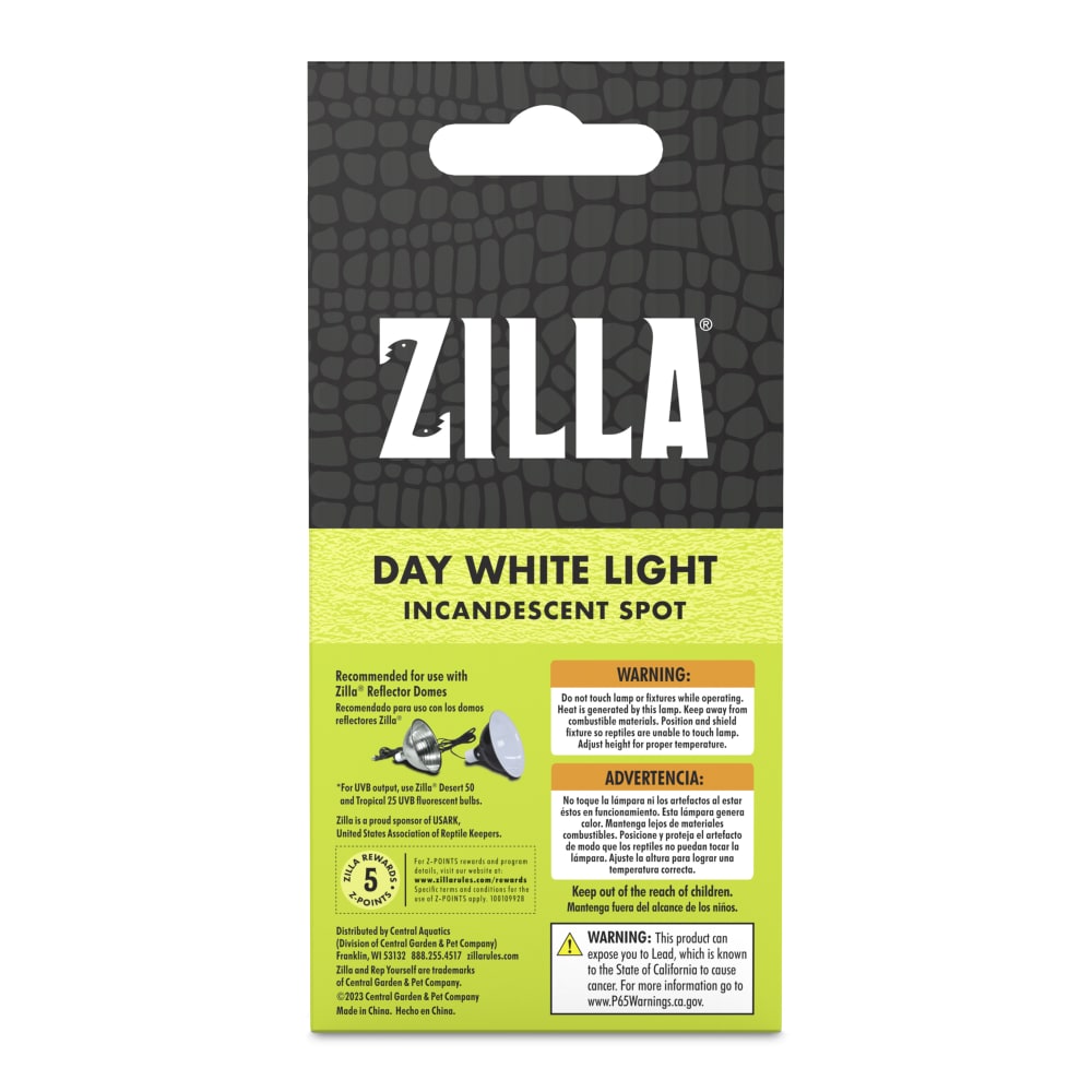 Back of packaging for Zilla incandescent spot light bulb with recommended zilla reflector domes