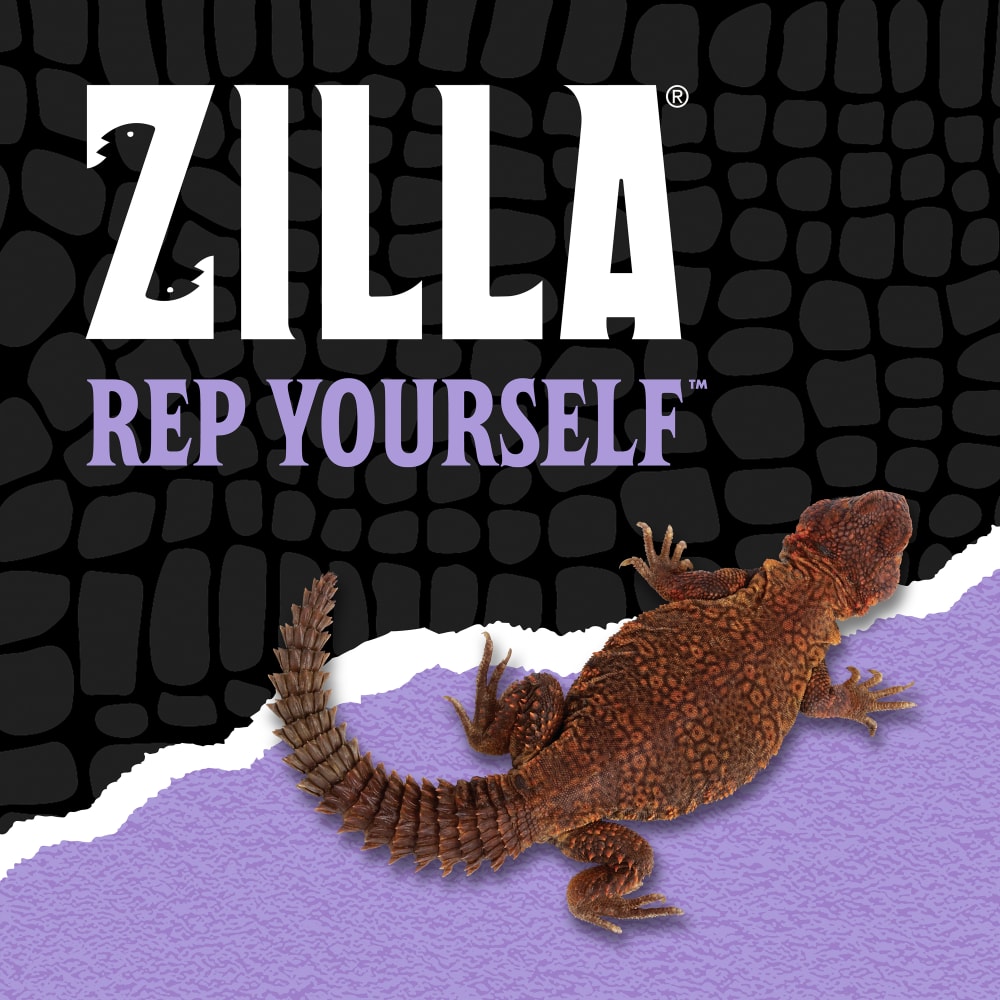 Zilla Rep Yourself with a small lizard over black scale background ripped halfway into purple