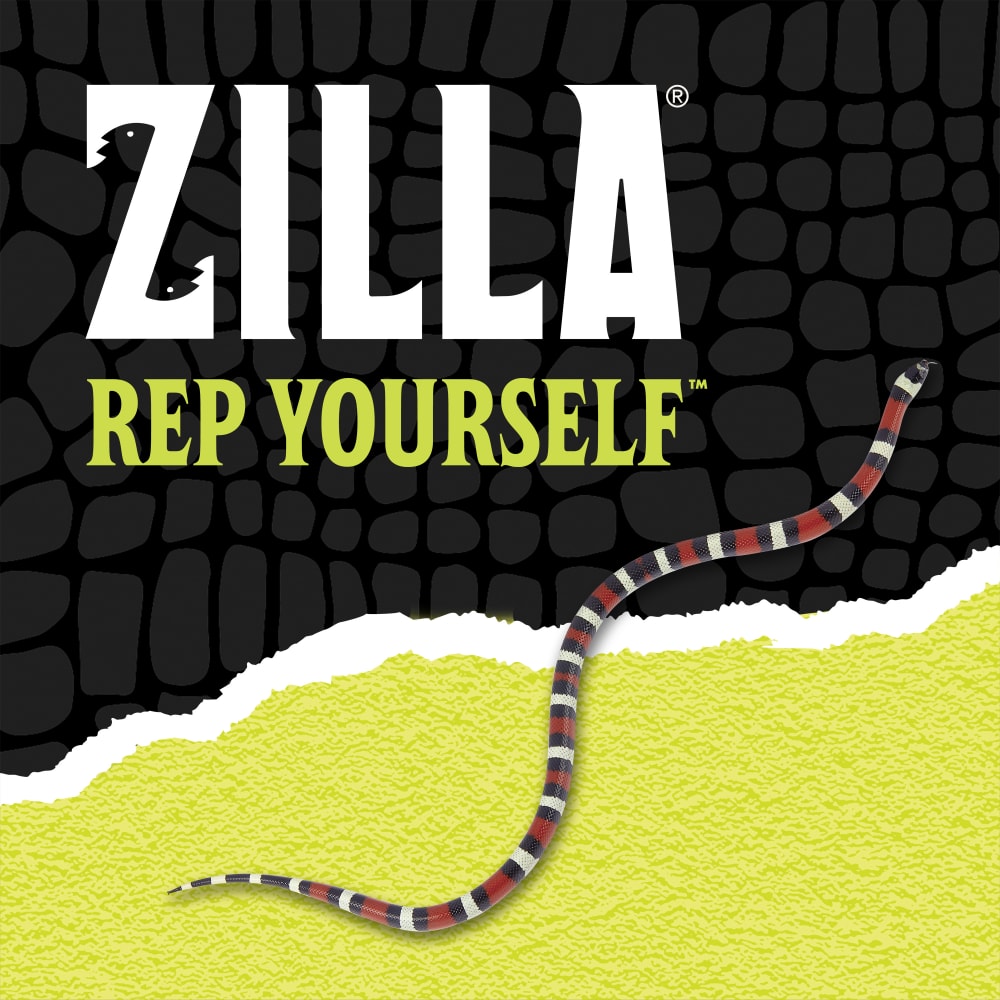 Zilla rep yourself with a snack over black scale background ripped halfway into yellow