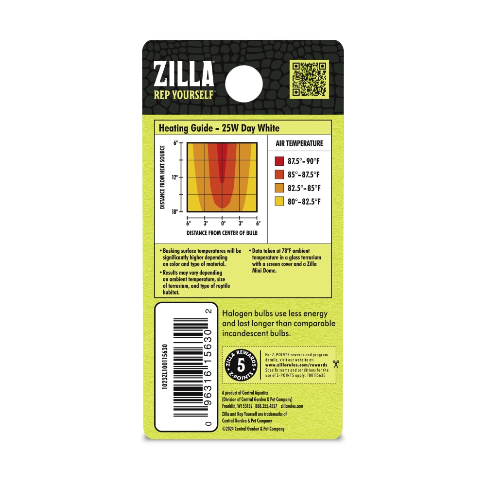 Back of packaging for Zilla mini halogen bulb showing heating guide for distance and temperature