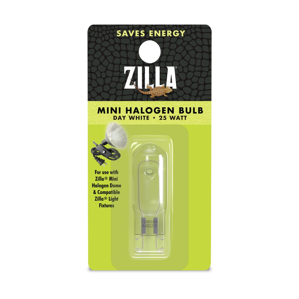 Retail package for a 25 watt Zilla mini halogen bulb in day white intended for reptiles