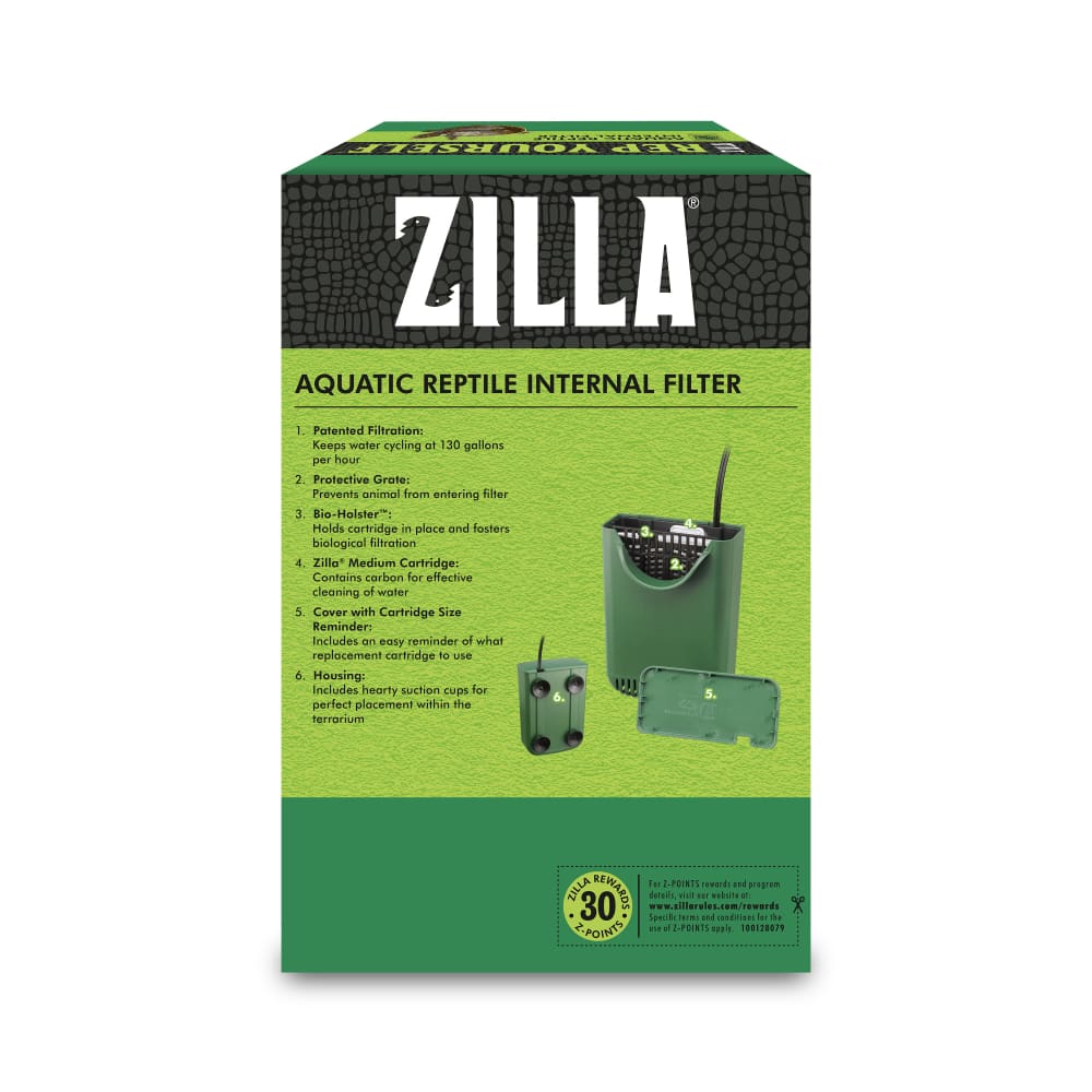 Back of  packaging for  Zilla Aquatic Reptile Internal Filter