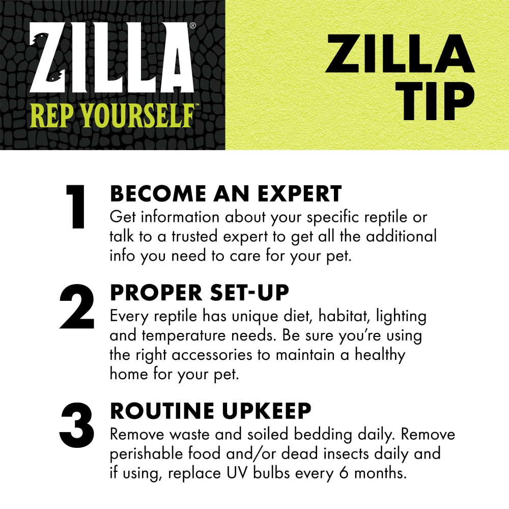Zilla Tip: Remove waste, perishables, dead insects & soiled bedding daily.