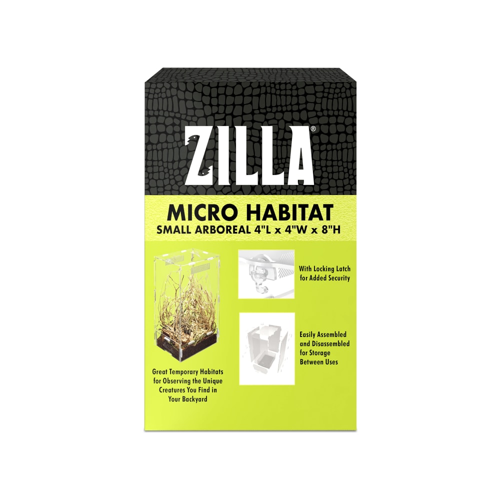 Back of packaging for zilla micro habitat terrarium, arboreal