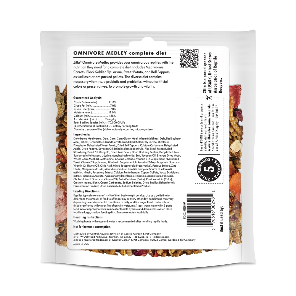 Back of packaging for Zilla Omnivore medley displaying ingredients and guaranteed analysis