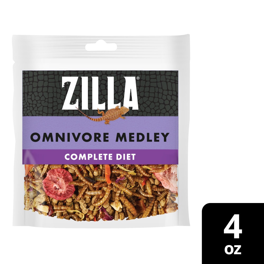 Zilla Omnivore medley complete diet in 4 ounces for omnivorous reptiles. Displaying contents