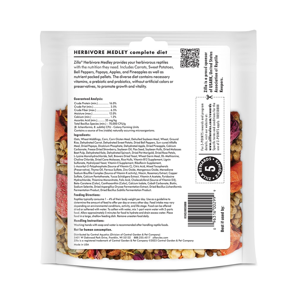 Back of packaging for Zilla herbivore medley displaying ingredients and guaranteed analysis