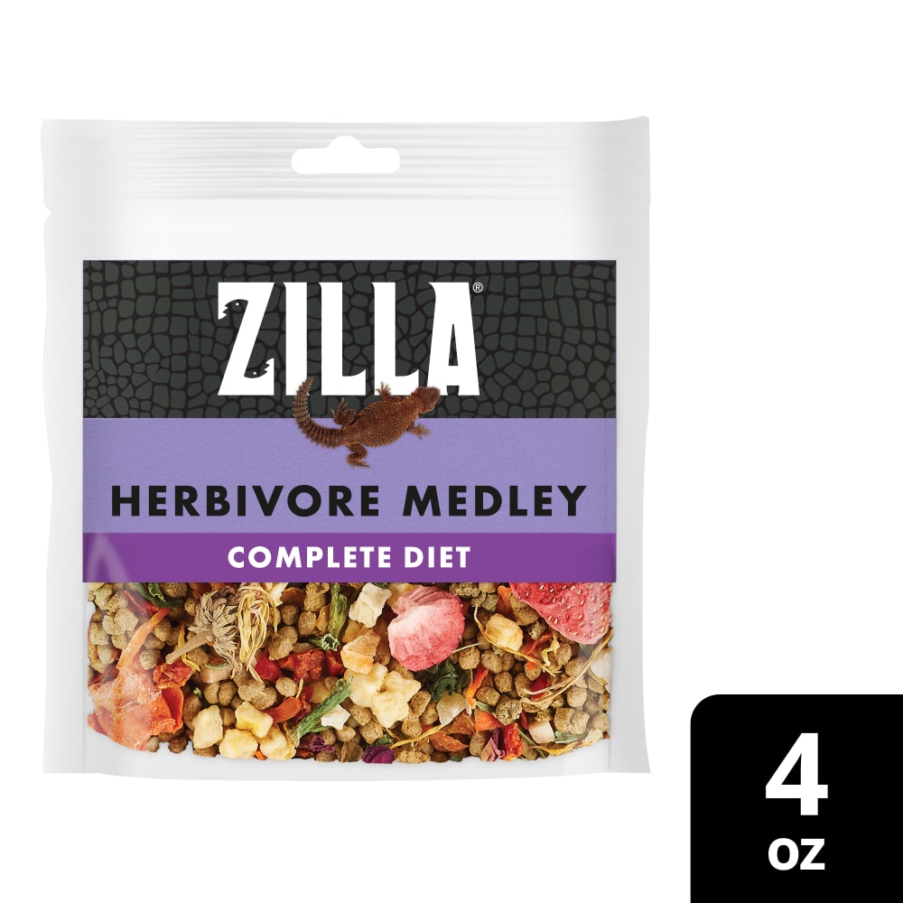 Zilla herbivore medley complete diet in 4 ounces for herbivorous reptiles. Displaying contents
