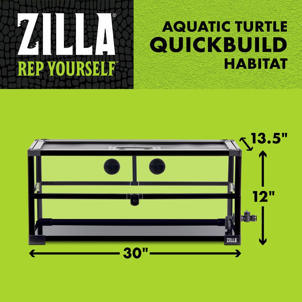 Aquatic turtle quickbuild habitat is 30 inches wide, 12 inches high and 13.5 inches deep