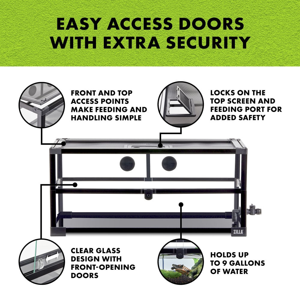 Features easy access doors, top access, locks and clear glass design. Holds up to 9 gallons of water