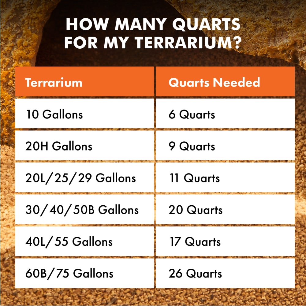 Infographic titled âHow Much Do I Need?â lists terrarium sizes and required quarts.