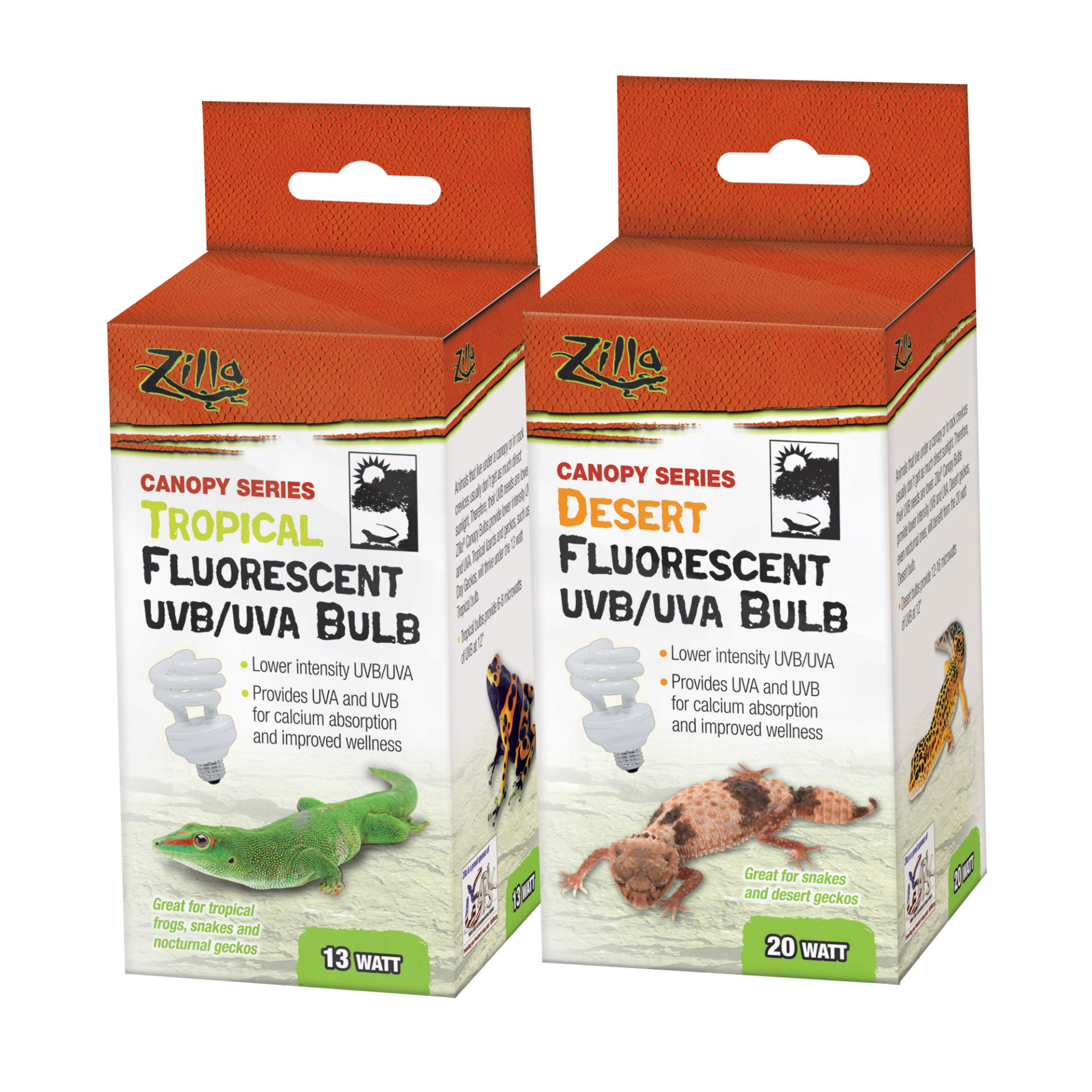 two fluorescent uvb/uva bulb packages: tropical and desert